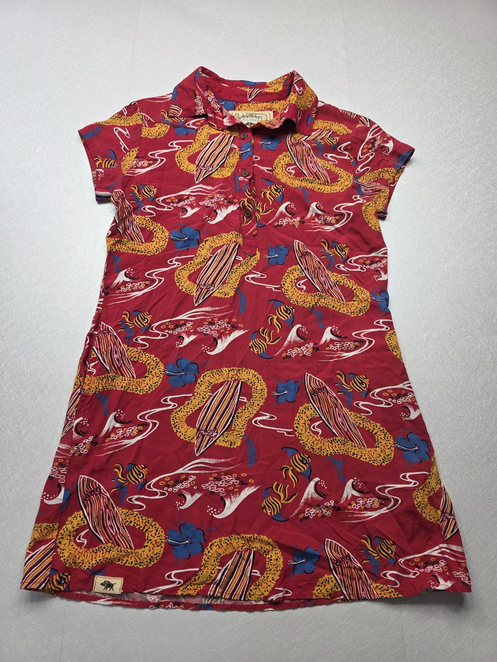 Western Aloha Red "Keoni Surfboard" Placket Polo Dress EUC